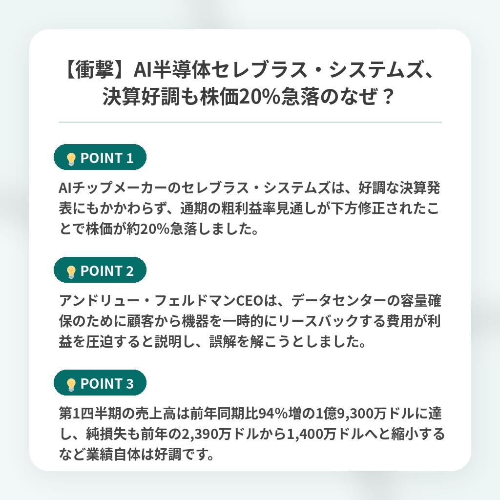【衝撃】AI半導体セレブラス・システムズ、決算好調も株価20%急落のなぜ?の注目ポイントまとめ
