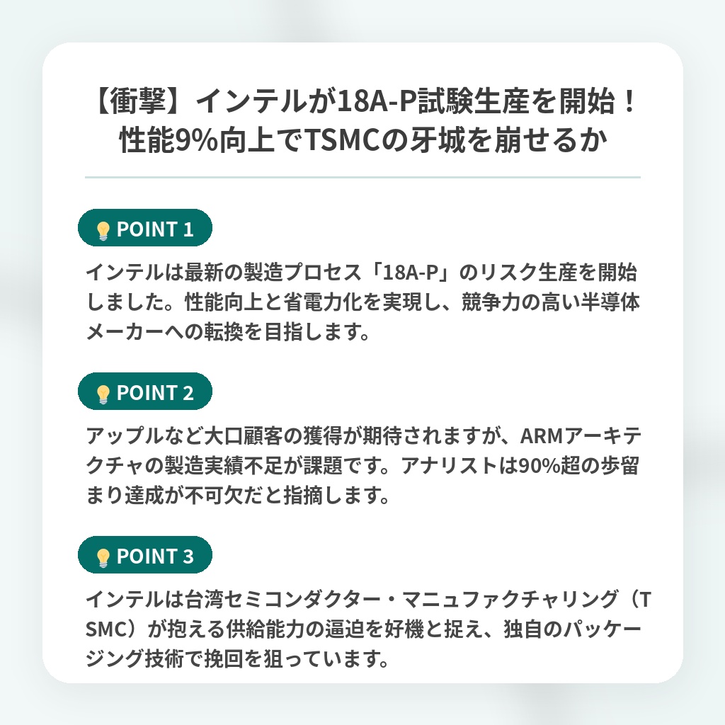 【衝撃】インテルが18A-P試験生産を開始！性能9%向上でTSMCの牙城を崩せるかの注目ポイントまとめ
