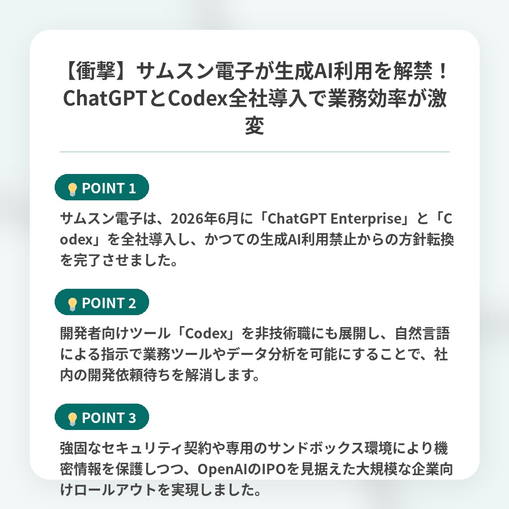 【衝撃】サムスン電子が生成AI利用を解禁！ChatGPTとCodex全社導入で業務効率が激変の注目ポイントまとめ