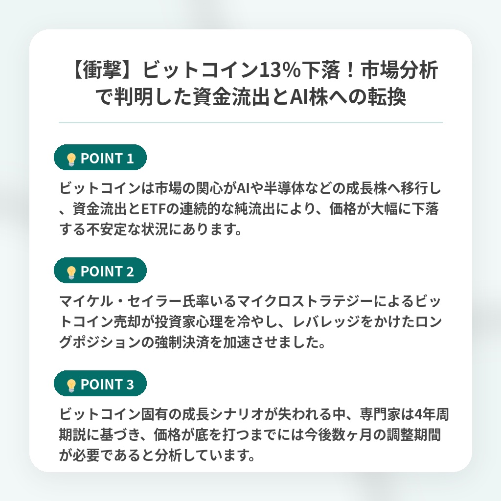 【衝撃】ビットコイン13％下落！市場分析で判明した資金流出とAI株への転換の注目ポイントまとめ