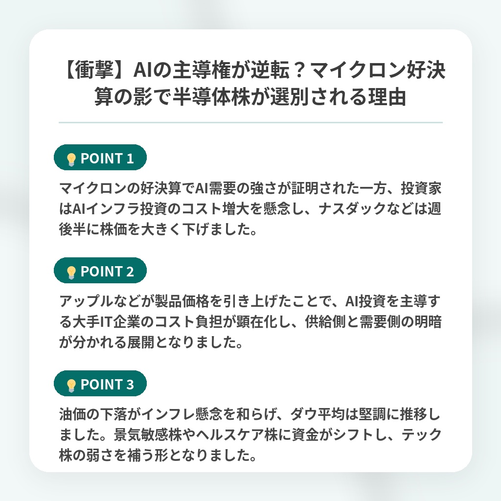 【衝撃】AIの主導権が逆転？マイクロン好決算の影で半導体株が選別される理由の注目ポイントまとめ