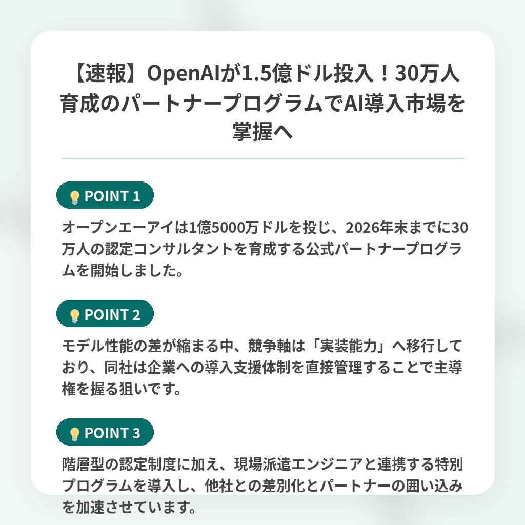 【速報】OpenAIが1.5億ドル投入!30万人育成のパートナープログラムでAI導入市場を掌握への注目ポイントまとめ