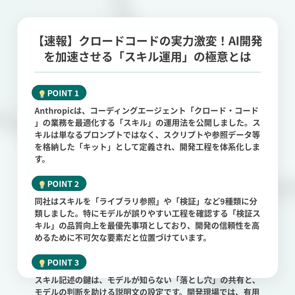 【速報】クロードコードの実力激変！AI開発を加速させる「スキル運用」の極意とはの注目ポイントまとめ