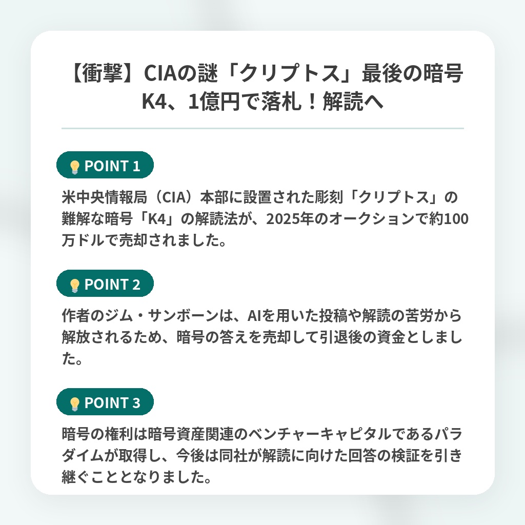 【衝撃】CIAの謎「クリプトス」最後の暗号K4、1億円で落札！解読への注目ポイントまとめ