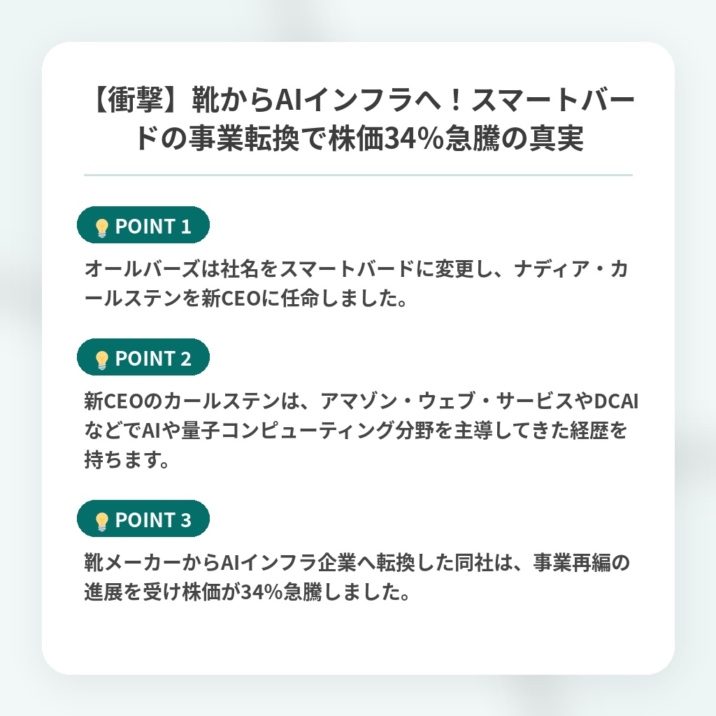 【衝撃】靴からAIインフラへ!スマートバードの事業転換で株価34%急騰の真実の注目ポイントまとめ