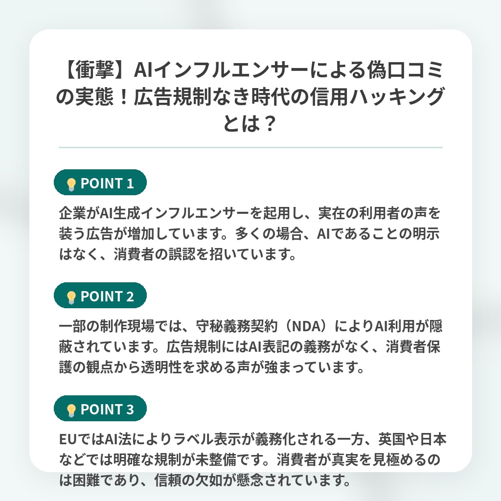 【衝撃】AIインフルエンサーによる偽口コミの実態！広告規制なき時代の信用ハッキングとは？の注目ポイントまとめ