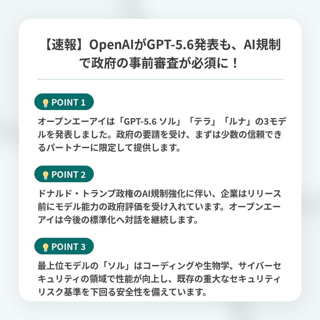 【速報】OpenAIがGPT-5.6発表も、AI規制で政府の事前審査が必須に！の注目ポイントまとめ