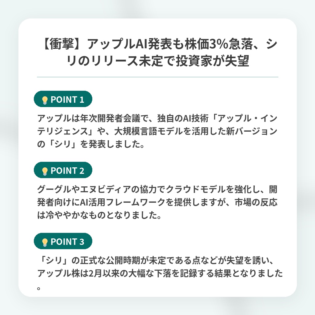 【衝撃】アップルAI発表も株価3%急落、シリのリリース未定で投資家が失望の注目ポイントまとめ