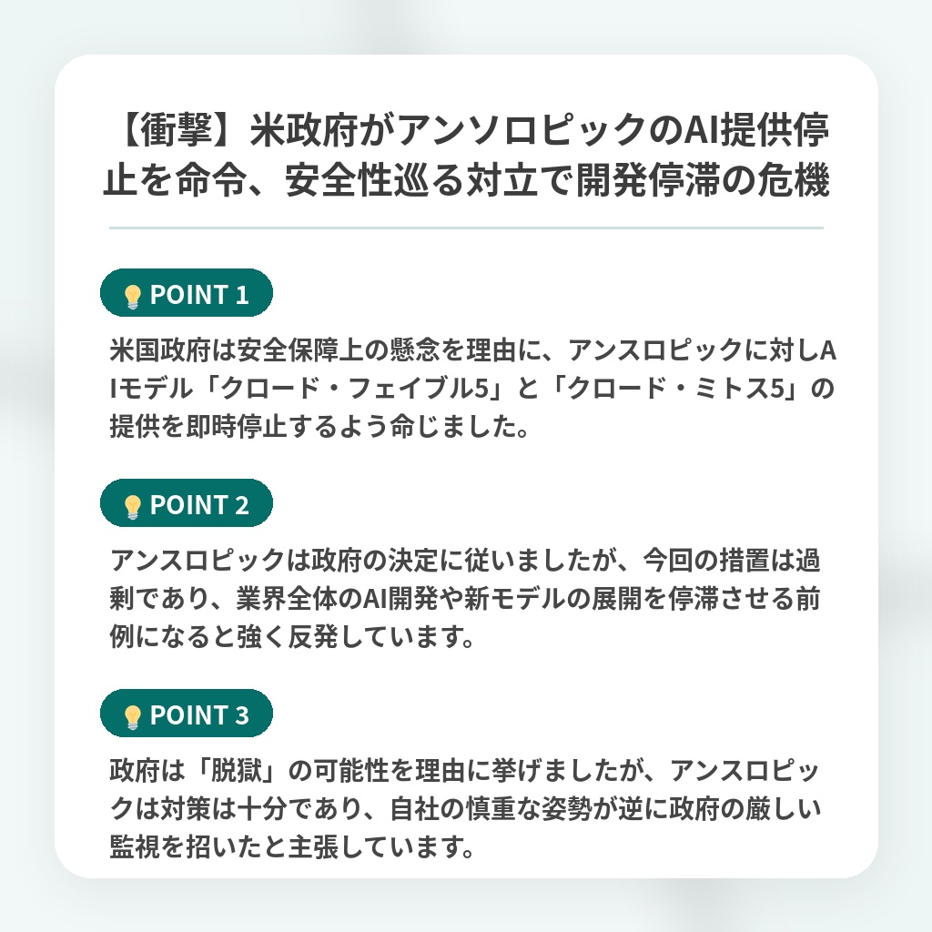 【衝撃】米政府がアンソロピックのAI提供停止を命令、安全性巡る対立で開発停滞の危機の注目ポイントまとめ