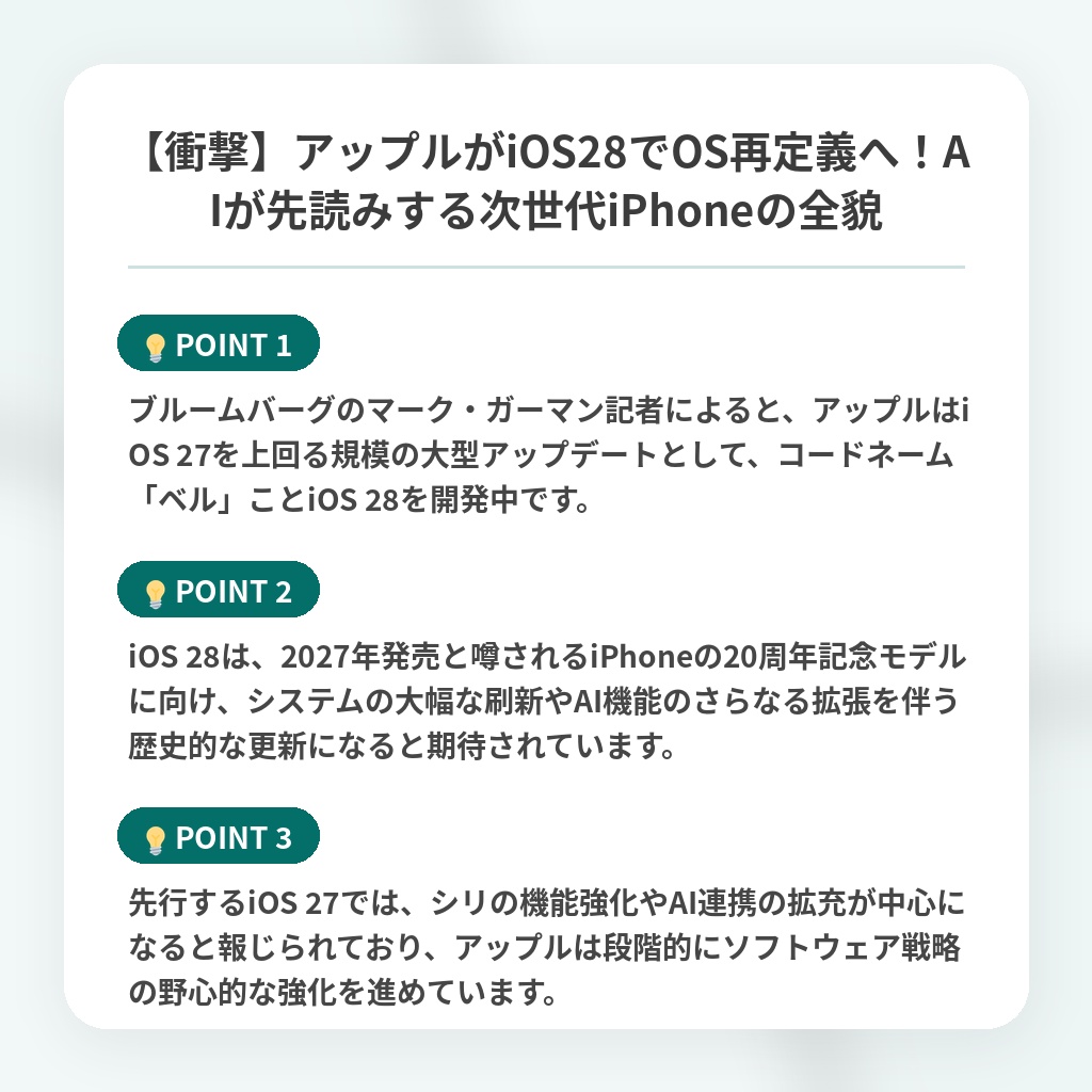 【衝撃】アップルがiOS28でOS再定義へ!AIが先読みする次世代iPhoneの全貌の注目ポイントまとめ