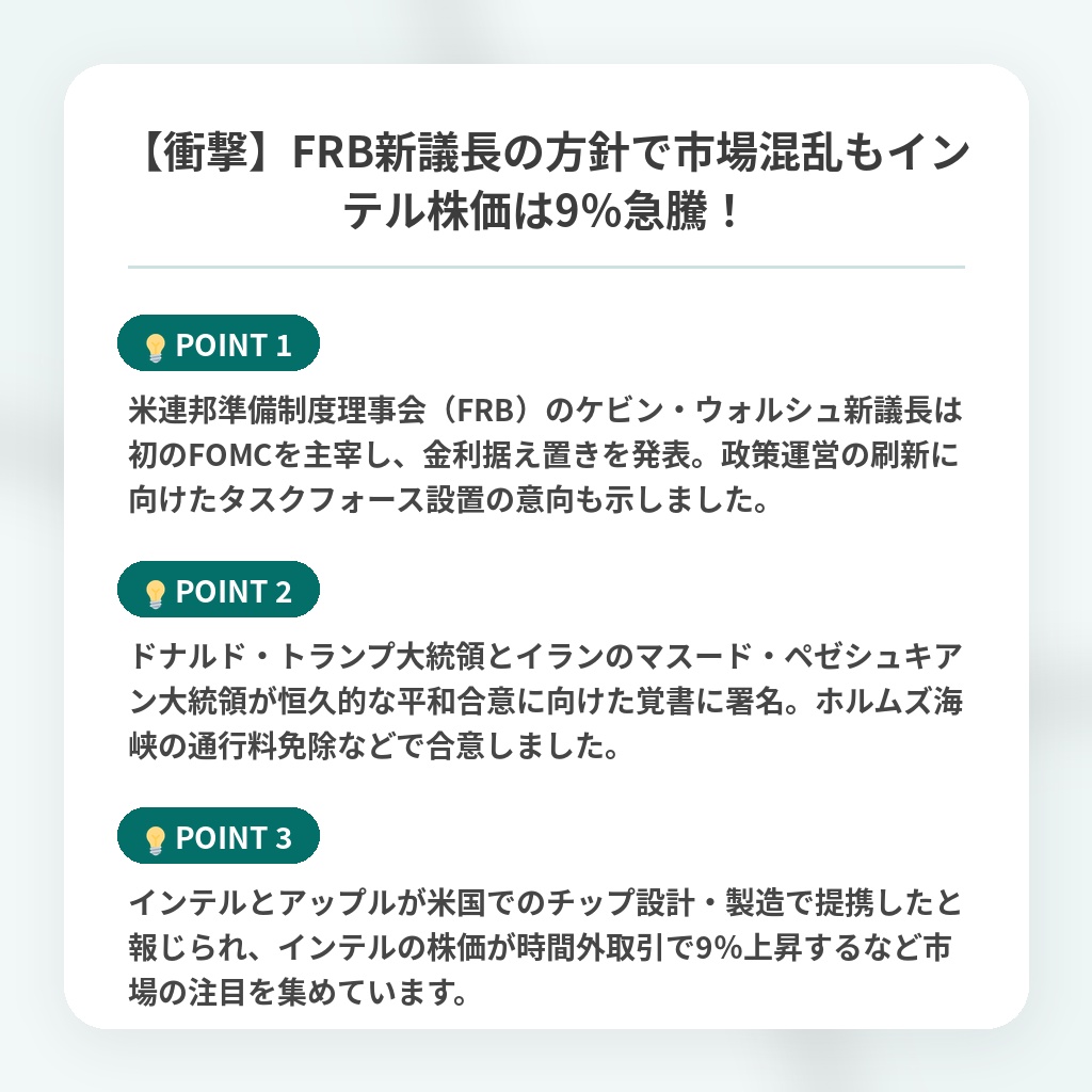 【衝撃】FRB新議長の方針で市場混乱もインテル株価は9％急騰！の注目ポイントまとめ