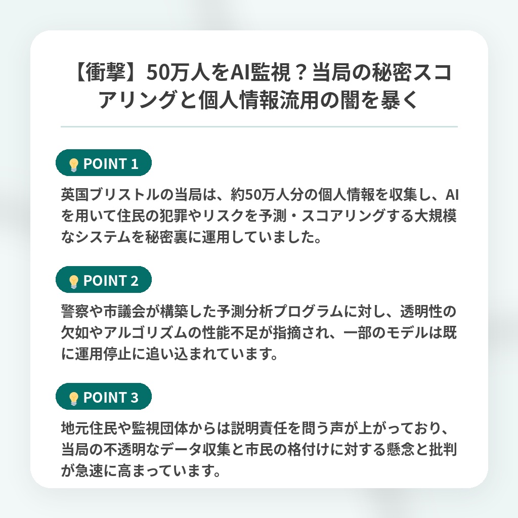 【衝撃】50万人をAI監視？当局の秘密スコアリングと個人情報流用の闇を暴くの注目ポイントまとめ