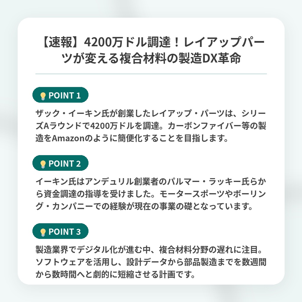 【速報】4200万ドル調達!レイアップパーツが変える複合材料の製造DX革命の注目ポイントまとめ