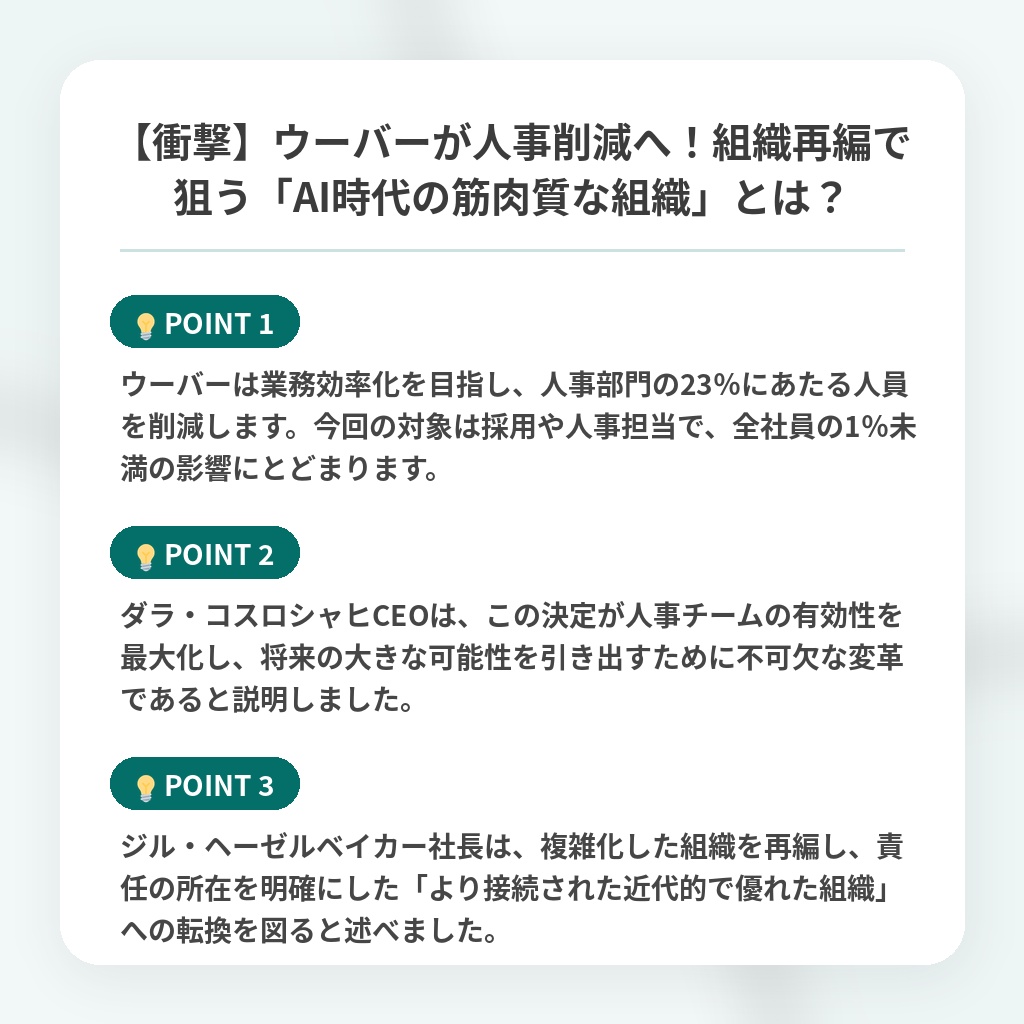 【衝撃】ウーバーが人事削減へ!組織再編で狙う「AI時代の筋肉質な組織」とは?の注目ポイントまとめ