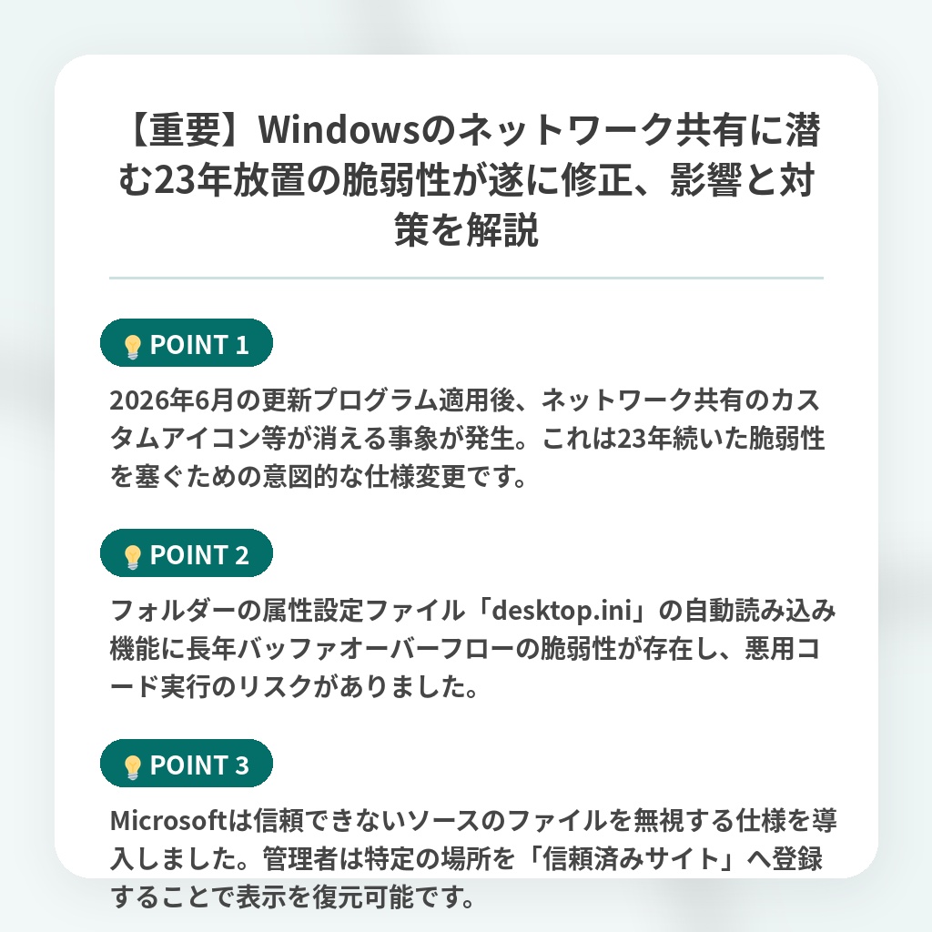 【重要】Windowsのネットワーク共有に潜む23年放置の脆弱性が遂に修正、影響と対策を解説の注目ポイントまとめ