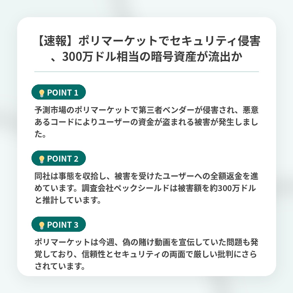 【速報】ポリマーケットでセキュリティ侵害、300万ドル相当の暗号資産が流出かの注目ポイントまとめ