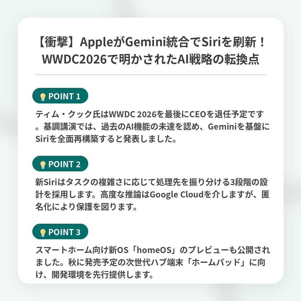 【衝撃】AppleがGemini統合でSiriを刷新！WWDC2026で明かされたAI戦略の転換点の注目ポイントまとめ