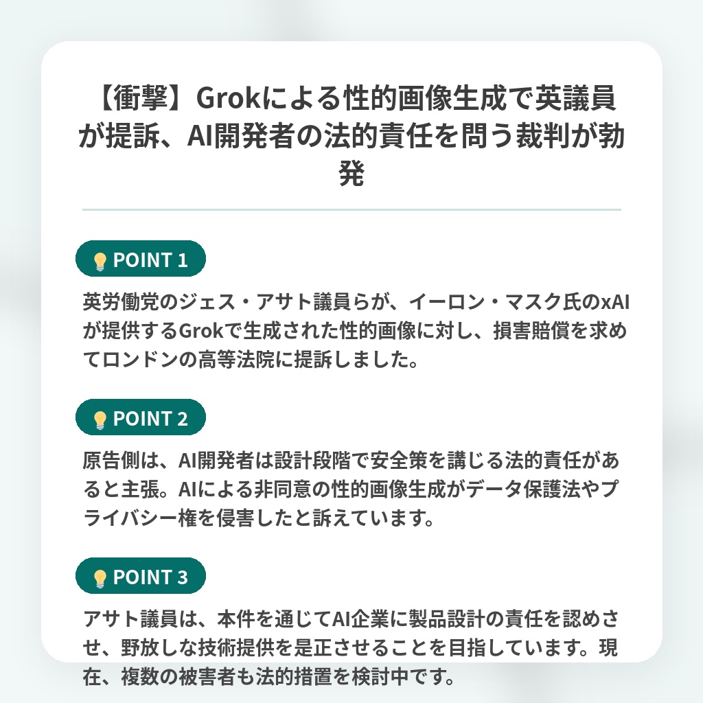 【衝撃】Grokによる性的画像生成で英議員が提訴、AI開発者の法的責任を問う裁判が勃発の注目ポイントまとめ