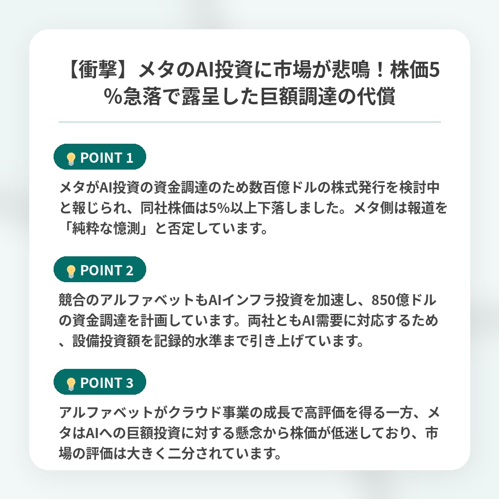 【衝撃】メタのAI投資に市場が悲鳴!株価5%急落で露呈した巨額調達の代償の注目ポイントまとめ