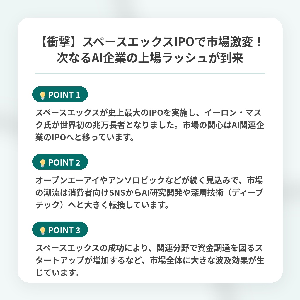 【衝撃】スペースエックスIPOで市場激変！次なるAI企業の上場ラッシュが到来の注目ポイントまとめ