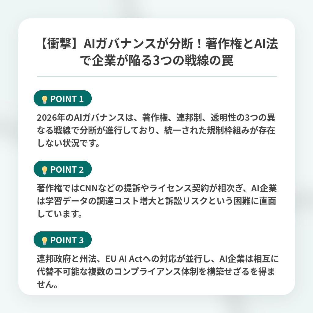 【衝撃】AIガバナンスが分断!著作権とAI法で企業が陥る3つの戦線の罠の注目ポイントまとめ