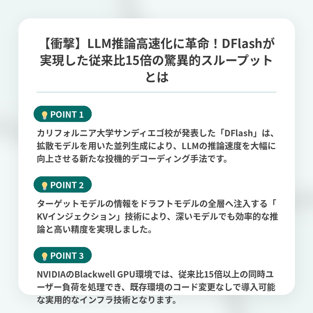 【衝撃】LLM推論高速化に革命！DFlashが実現した従来比15倍の驚異的スループットとはの注目ポイントまとめ