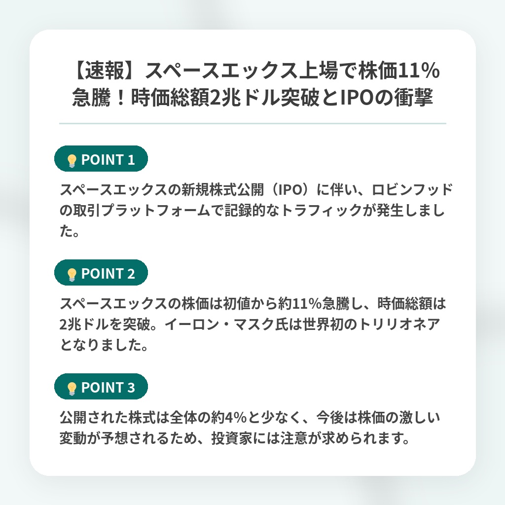 【速報】スペースエックス上場で株価11％急騰！時価総額2兆ドル突破とIPOの衝撃の注目ポイントまとめ