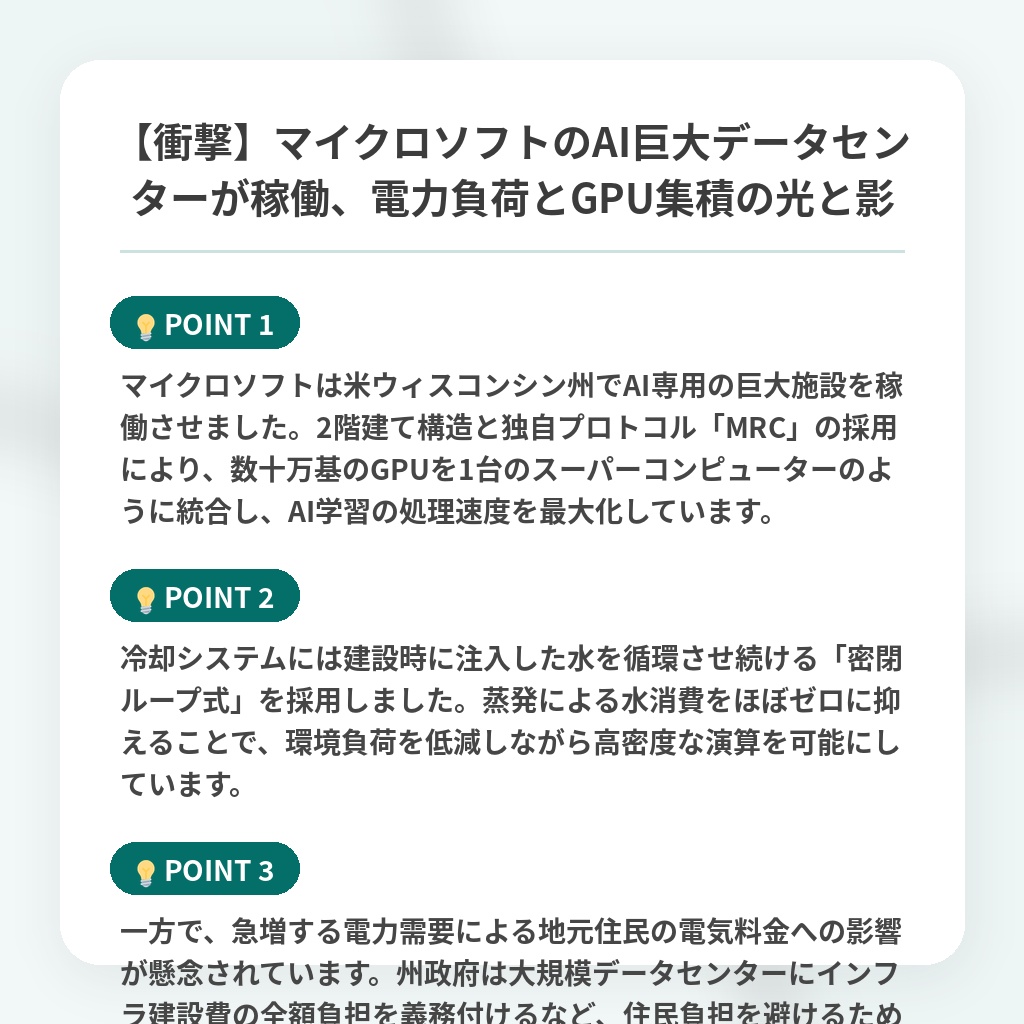 【衝撃】マイクロソフトのAI巨大データセンターが稼働、電力負荷とGPU集積の光と影の注目ポイントまとめ
