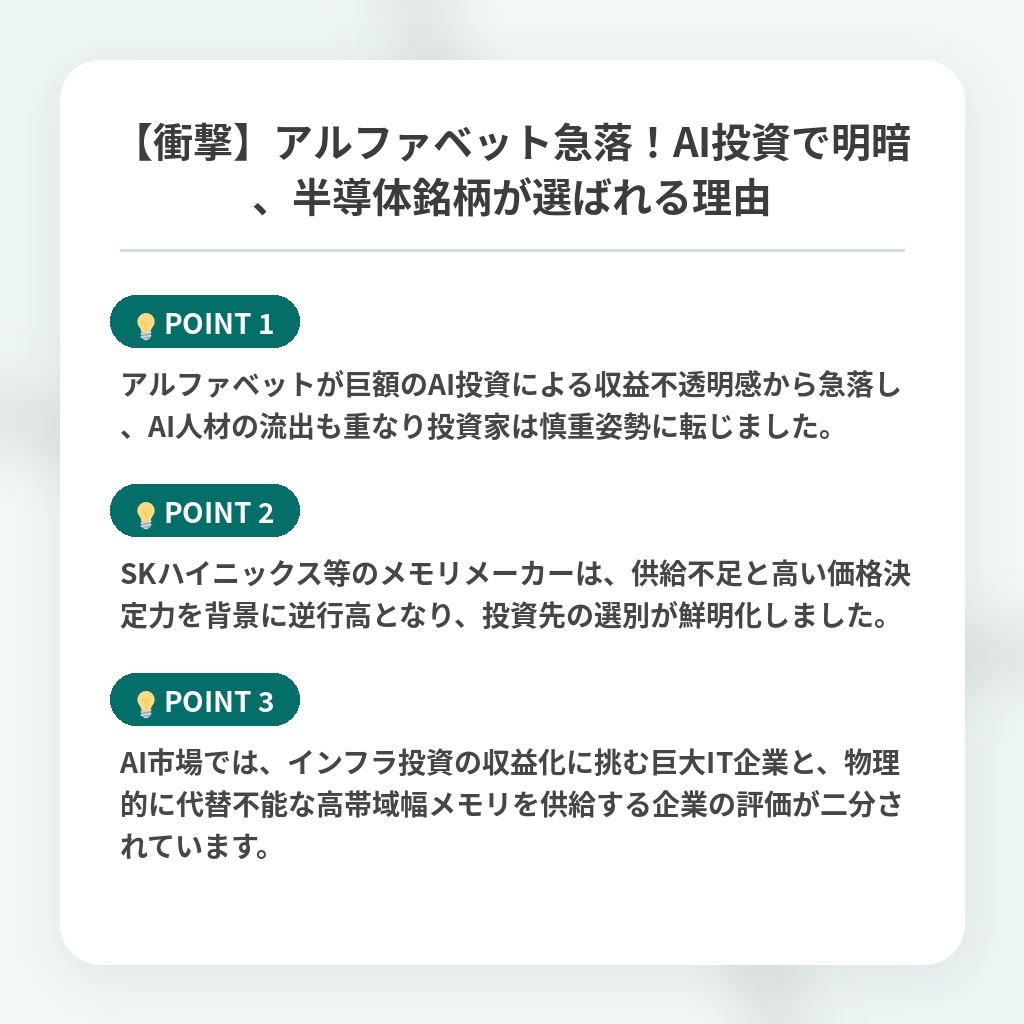 【衝撃】アルファベット急落！AI投資で明暗、半導体銘柄が選ばれる理由の注目ポイントまとめ