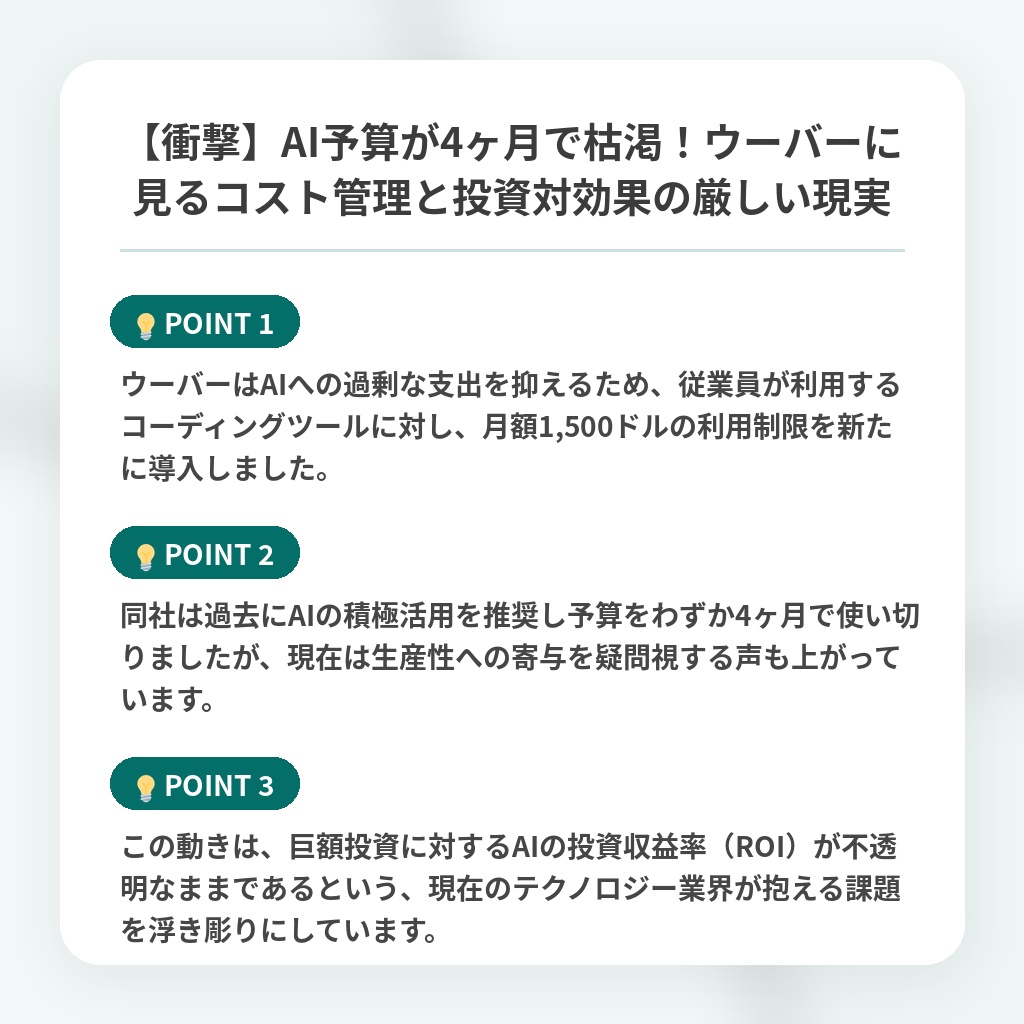【衝撃】AI予算が4ヶ月で枯渇！ウーバーに見るコスト管理と投資対効果の厳しい現実の注目ポイントまとめ
