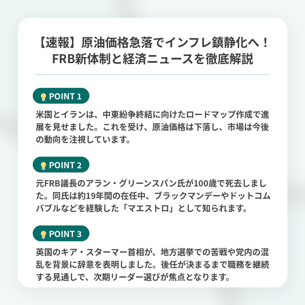 【速報】原油価格急落でインフレ鎮静化へ!FRB新体制と経済ニュースを徹底解説の注目ポイントまとめ
