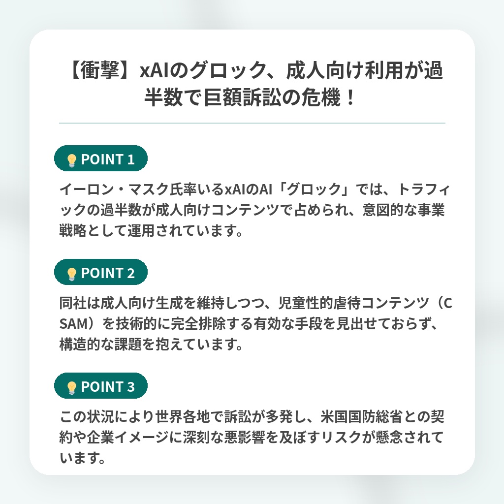 【衝撃】xAIのグロック、成人向け利用が過半数で巨額訴訟の危機！の注目ポイントまとめ