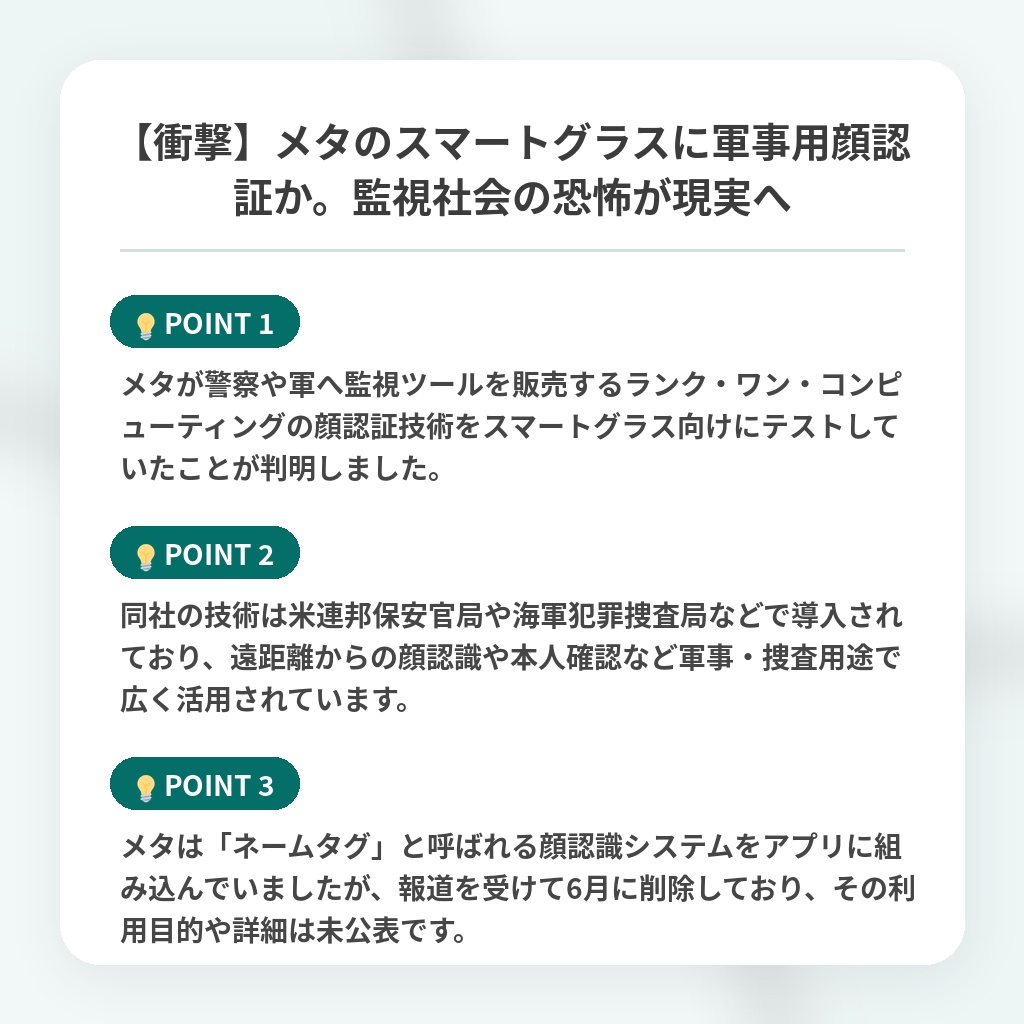 【衝撃】メタのスマートグラスに軍事用顔認証か。監視社会の恐怖が現実への注目ポイントまとめ