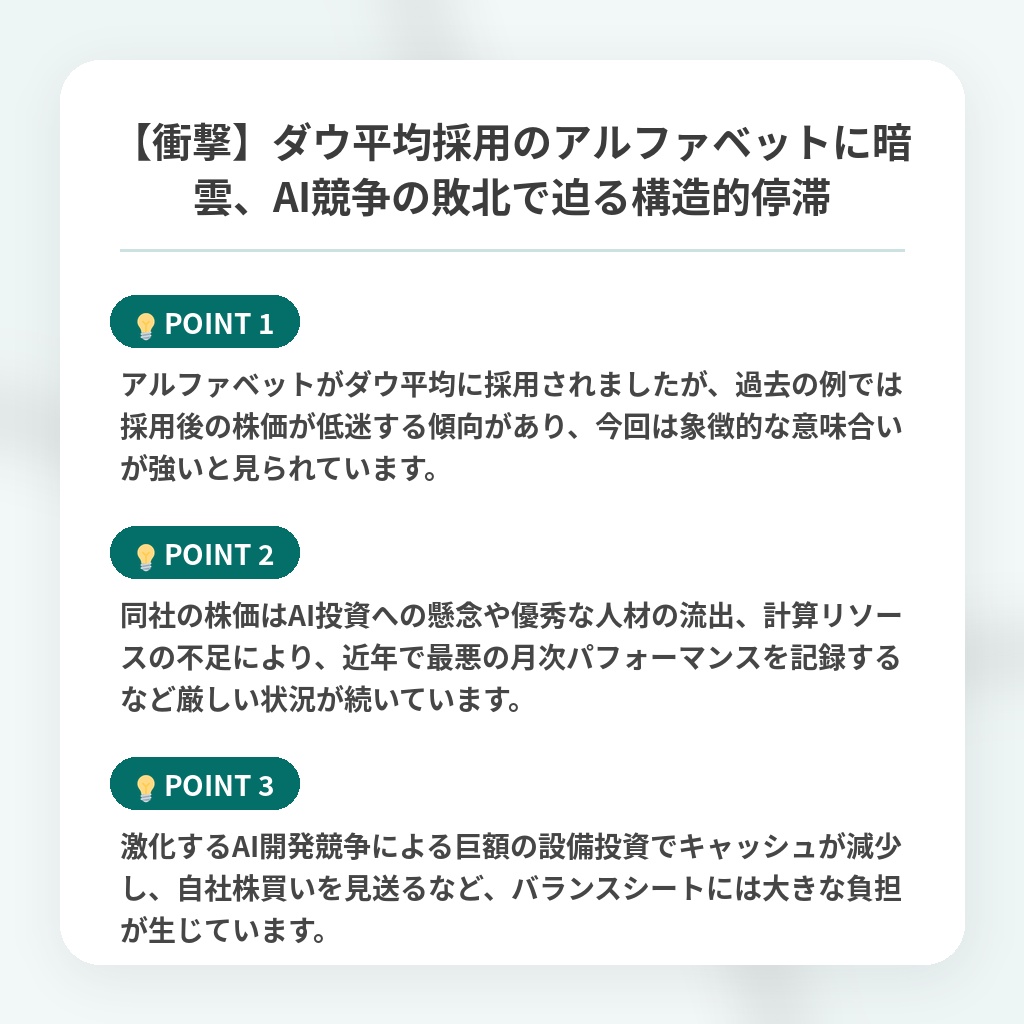 【衝撃】ダウ平均採用のアルファベットに暗雲、AI競争の敗北で迫る構造的停滞の注目ポイントまとめ