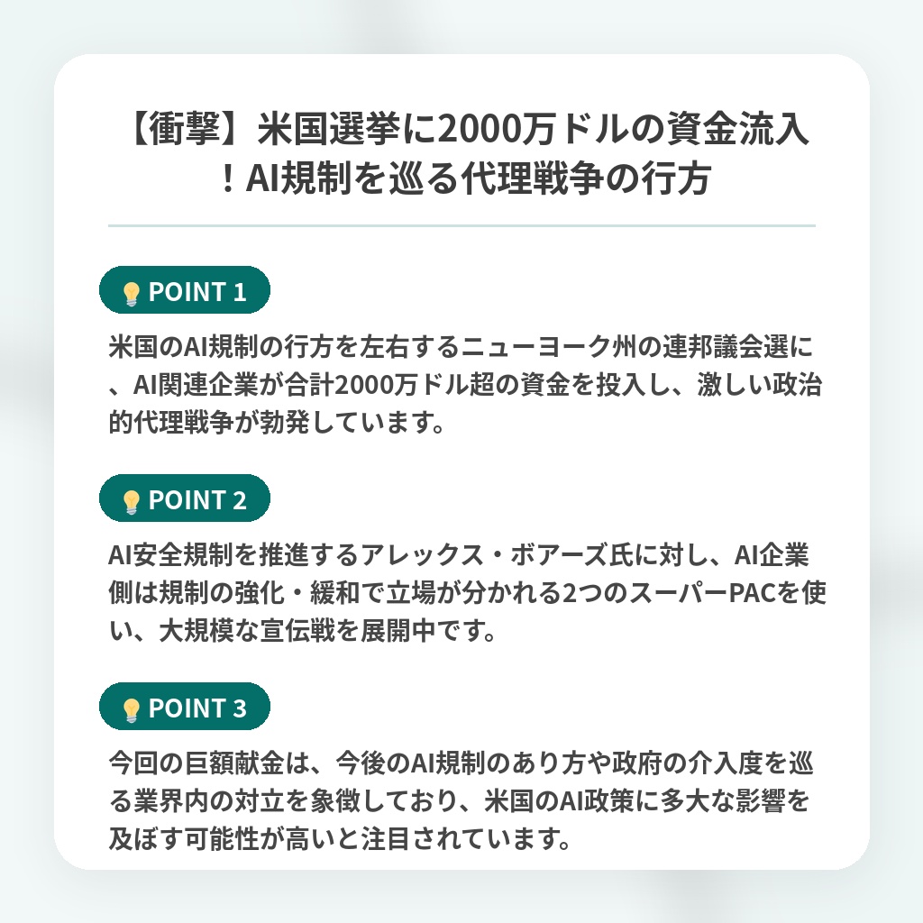 【衝撃】米国選挙に2000万ドルの資金流入!AI規制を巡る代理戦争の行方の注目ポイントまとめ