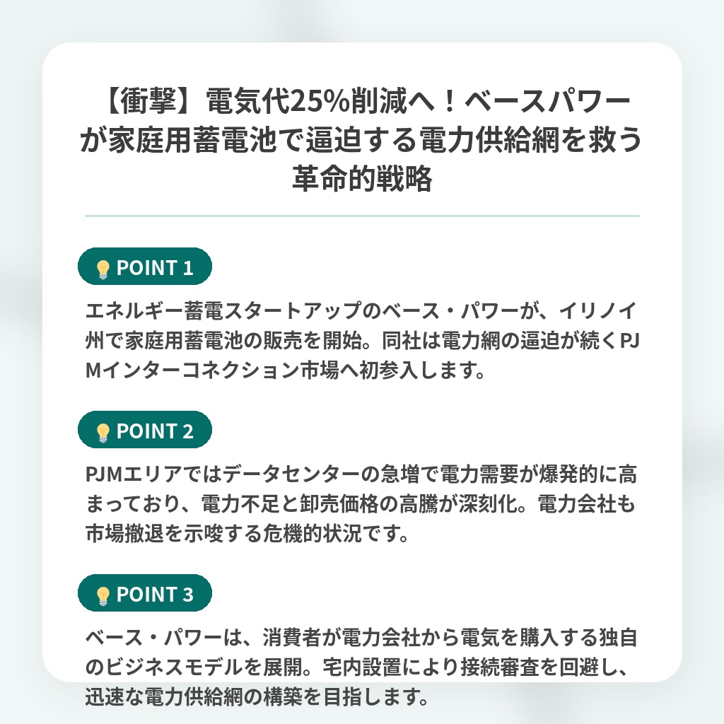 【衝撃】電気代25%削減へ！ベースパワーが家庭用蓄電池で逼迫する電力供給網を救う革命的戦略の注目ポイントまとめ