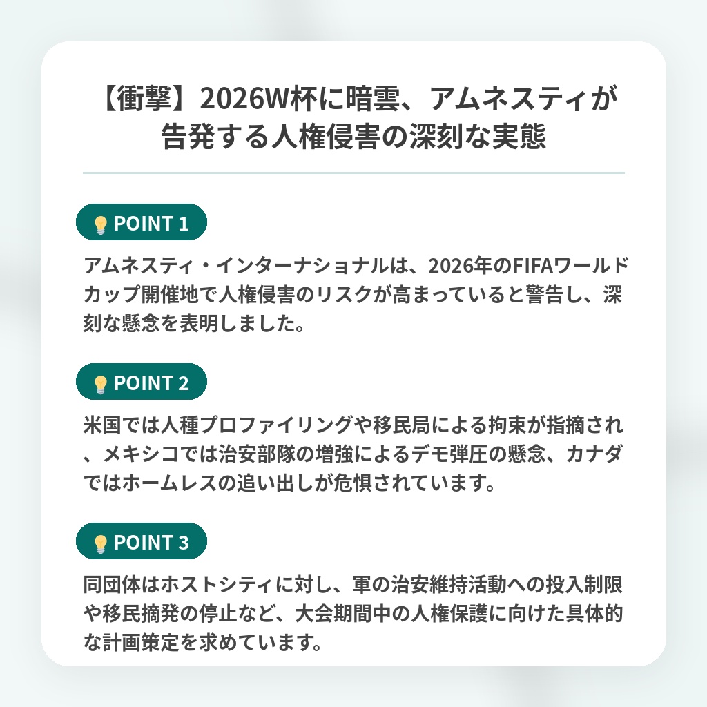 【衝撃】2026W杯に暗雲、アムネスティが告発する人権侵害の深刻な実態の注目ポイントまとめ