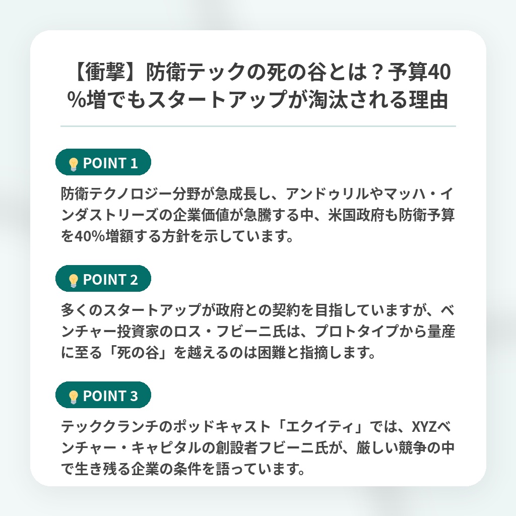 【衝撃】防衛テックの死の谷とは?予算40%増でもスタートアップが淘汰される理由の注目ポイントまとめ