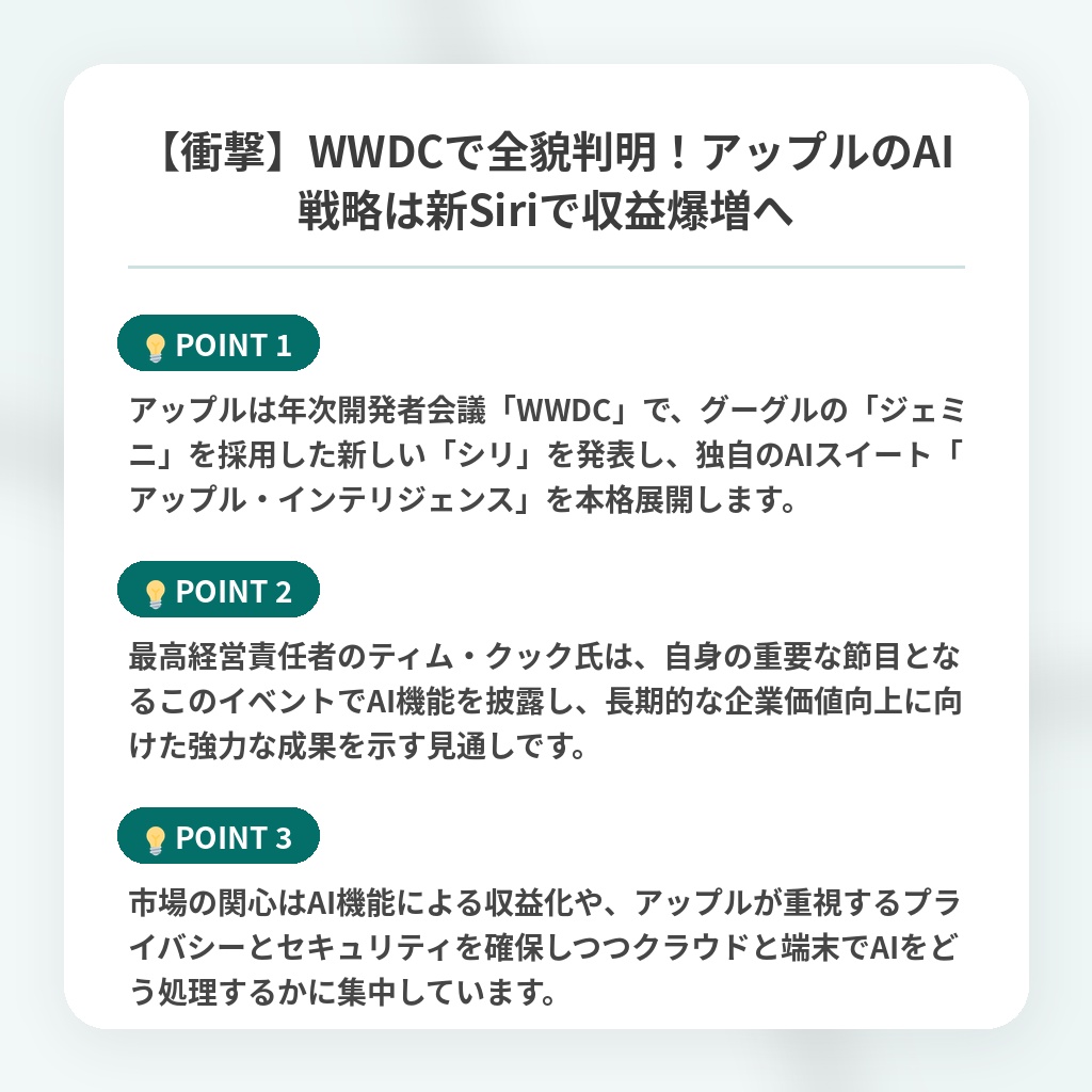【衝撃】WWDCで全貌判明！アップルのAI戦略は新Siriで収益爆増への注目ポイントまとめ