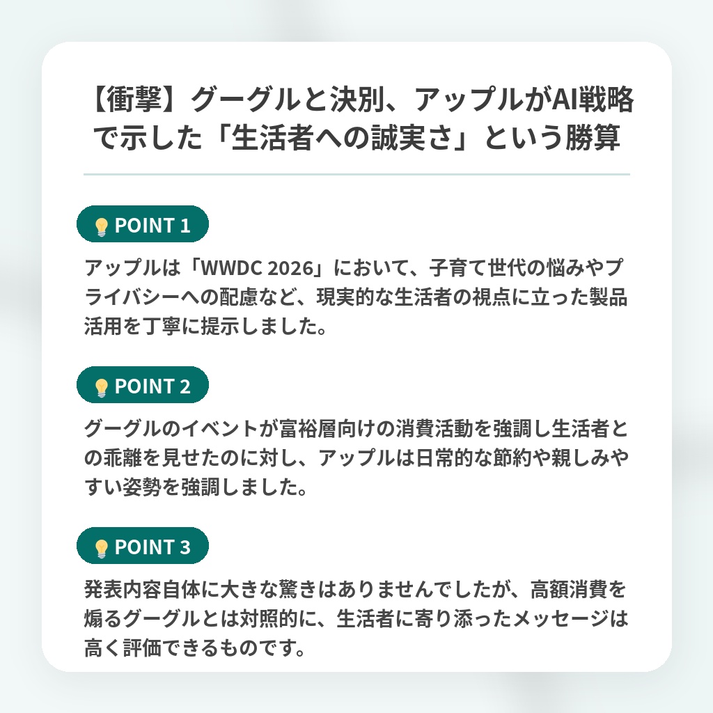 【衝撃】グーグルと決別、アップルがAI戦略で示した「生活者への誠実さ」という勝算の注目ポイントまとめ