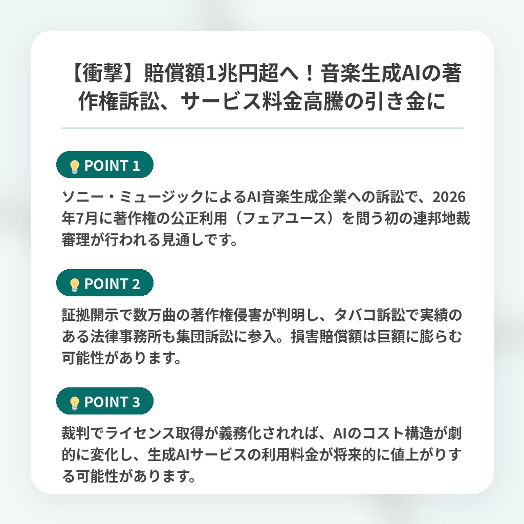 【衝撃】賠償額1兆円超へ！音楽生成AIの著作権訴訟、サービス料金高騰の引き金にの注目ポイントまとめ
