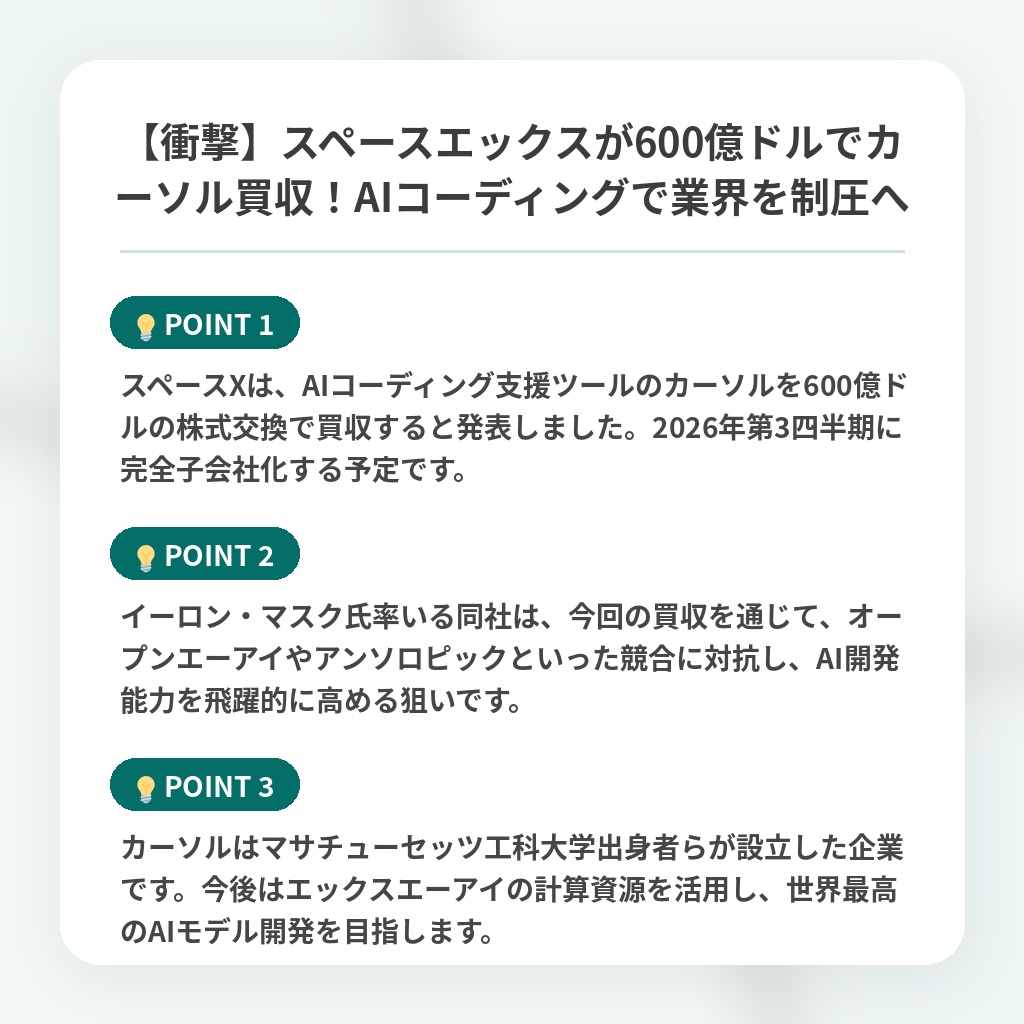 【衝撃】スペースエックスが600億ドルでカーソル買収！AIコーディングで業界を制圧への注目ポイントまとめ
