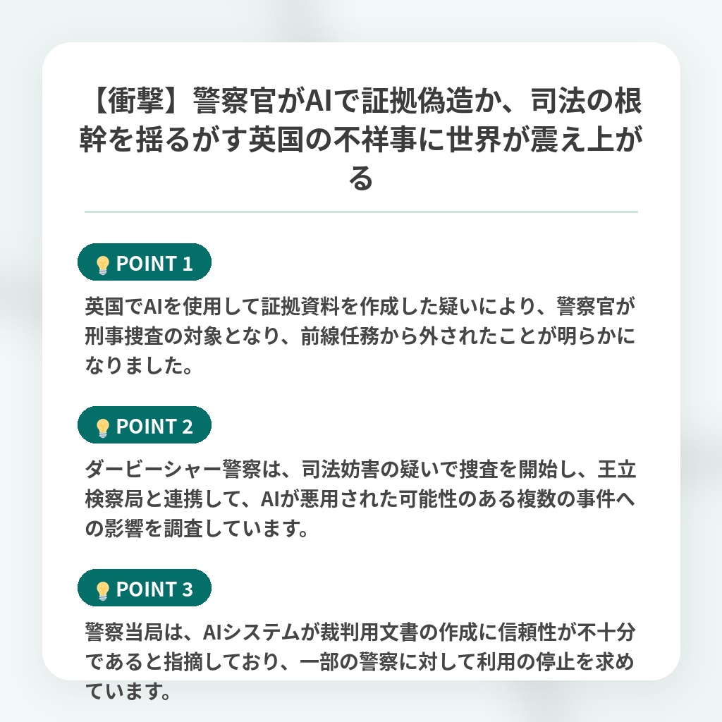 【衝撃】警察官がAIで証拠偽造か、司法の根幹を揺るがす英国の不祥事に世界が震え上がるの注目ポイントまとめ