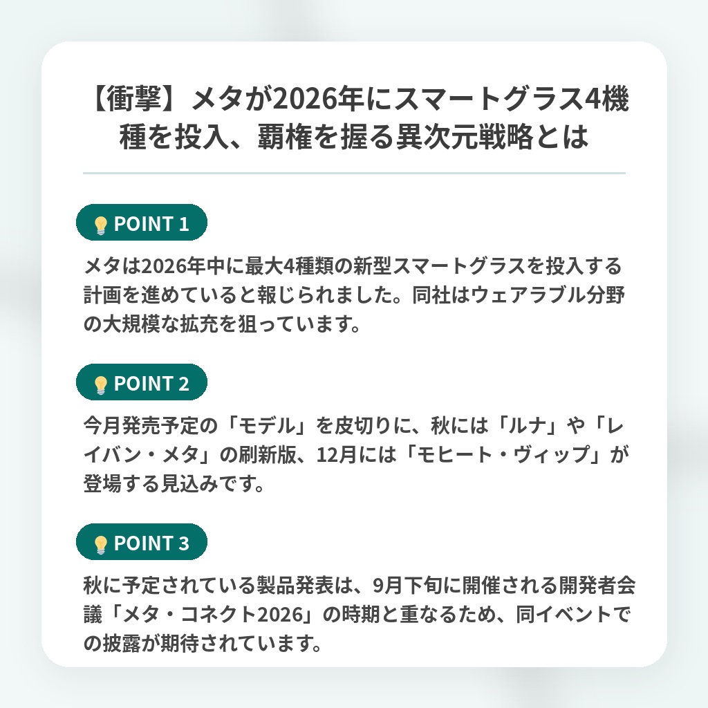 【衝撃】メタが2026年にスマートグラス4機種を投入、覇権を握る異次元戦略とはの注目ポイントまとめ