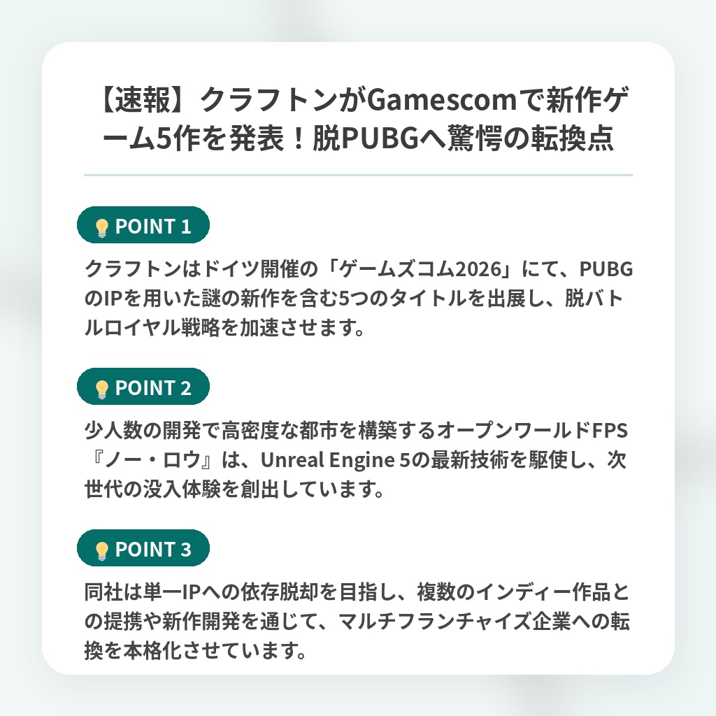 【速報】クラフトンがGamescomで新作ゲーム5作を発表！脱PUBGへ驚愕の転換点の注目ポイントまとめ