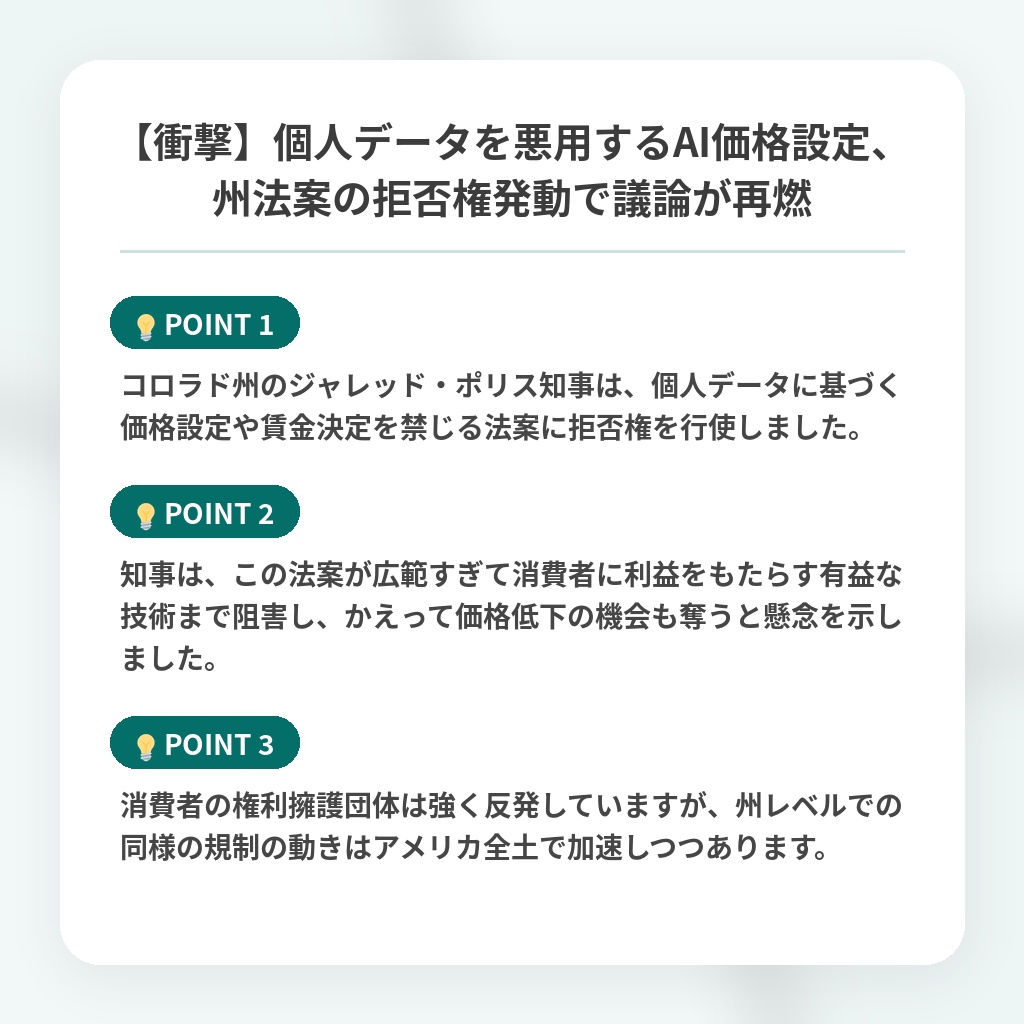 【衝撃】個人データを悪用するAI価格設定、州法案の拒否権発動で議論が再燃の注目ポイントまとめ