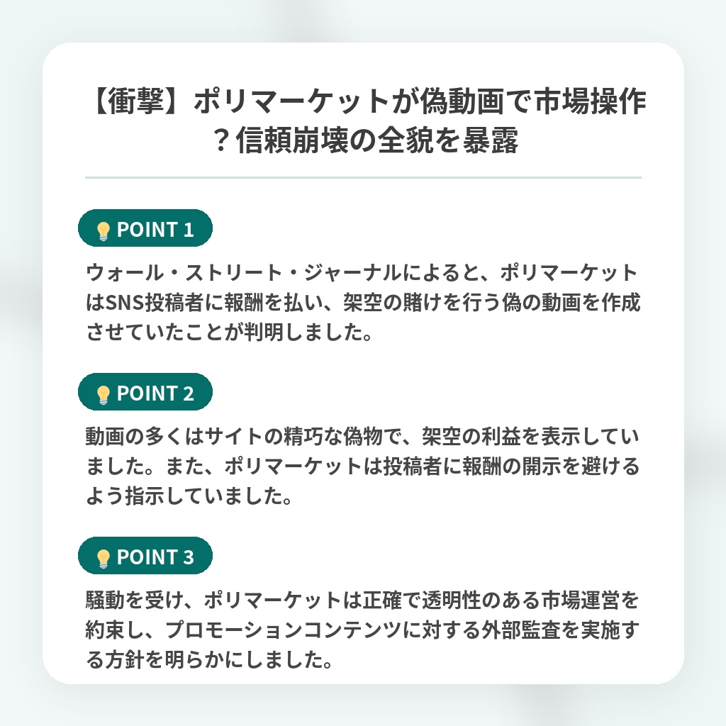 【衝撃】ポリマーケットが偽動画で市場操作?信頼崩壊の全貌を暴露の注目ポイントまとめ