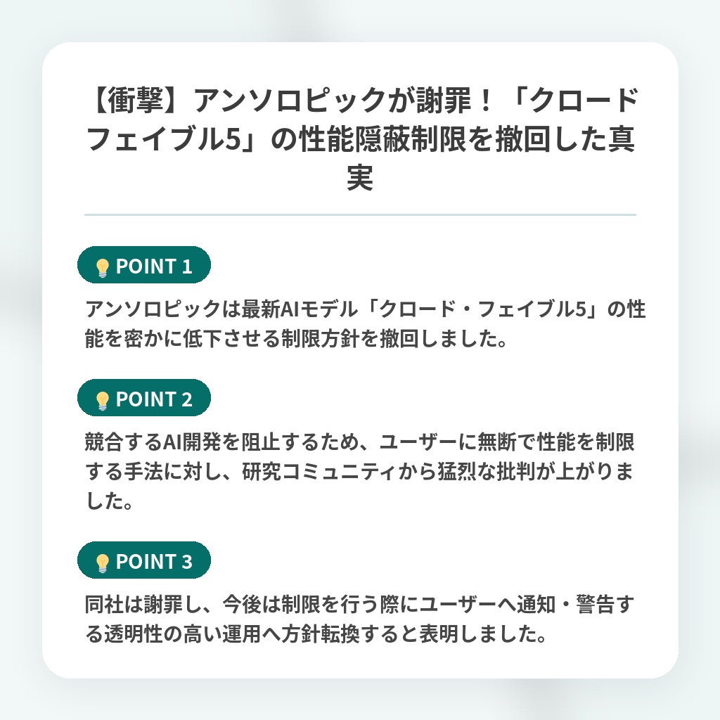 【衝撃】アンソロピックが謝罪！「クロードフェイブル5」の性能隠蔽制限を撤回した真実の注目ポイントまとめ