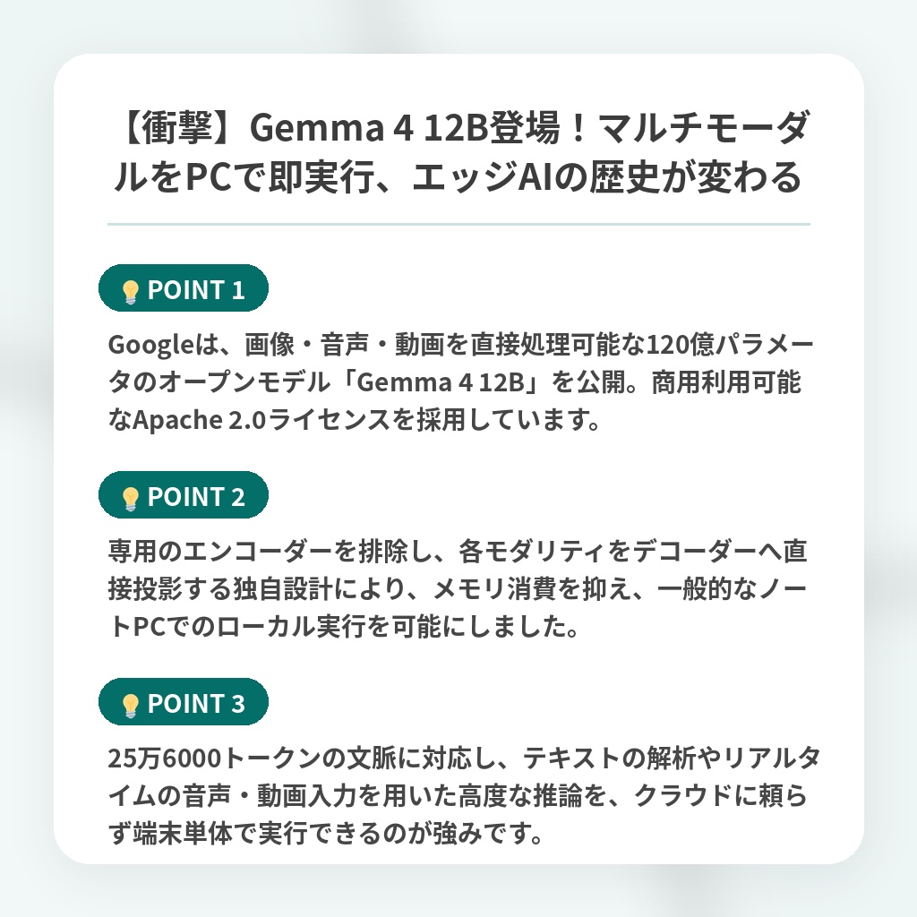 【衝撃】Gemma 4 12B登場！マルチモーダルをPCで即実行、エッジAIの歴史が変わるの注目ポイントまとめ