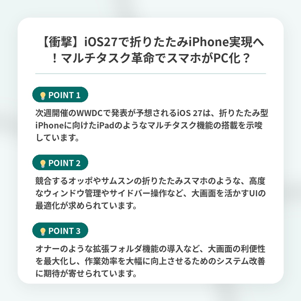 【衝撃】iOS27で折りたたみiPhone実現へ！マルチタスク革命でスマホがPC化？の注目ポイントまとめ